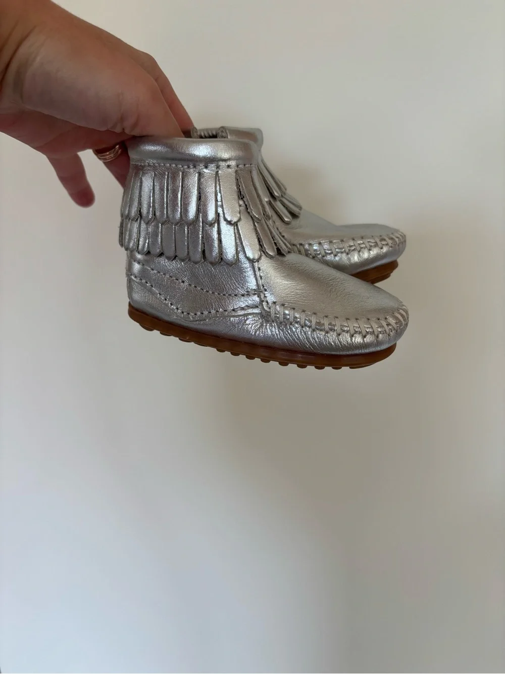 Minnetonka Moccasin Metallic Silver Baby Boots